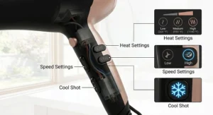 Graphic illustration detailing the adjustable heat and speed control settings on an affordable ionic hair dryer.