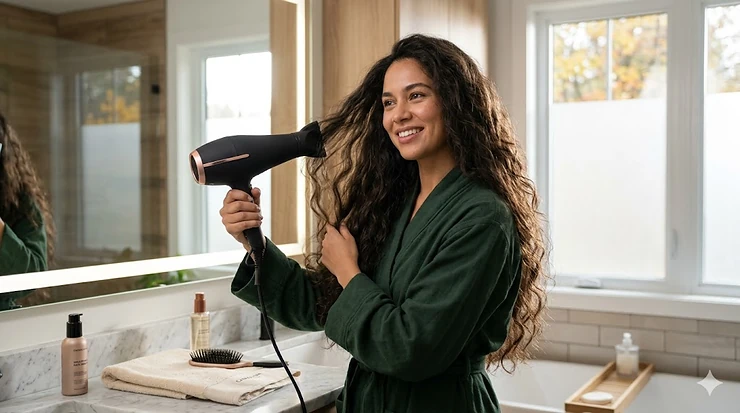 A Canadian woman with long, thick hair using a high-velocity hair dryer in a modern bathroom, showcasing efficient styling for dense hair types.