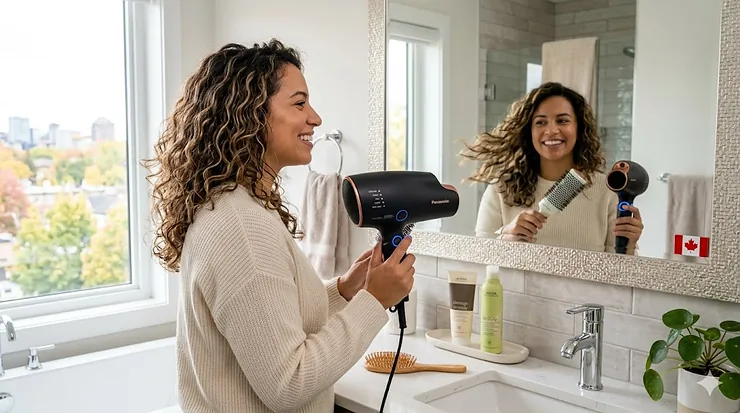 A person styling their hair in a modern Canadian home using a premium hair dryer with cool shot button to lock in the look.