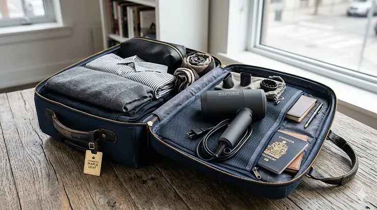A compact and lightweight mini hair dryer for travel packed next to a passport and a maple leaf luggage tag in an open suitcase.