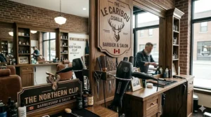 A stylized vector illustration of a Canadian barber station featuring a professional hair dryer, with a mirror reflecting welcoming text in English and French.