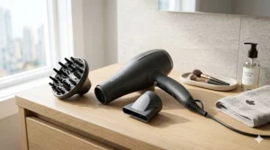 Illustration of a budget hair dryer under $50 CAD with a concentrator nozzle and diffuser attachment for curly and straight hair styling.