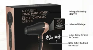 Illustration of an affordable ionic hair dryer package featuring Canadian cULus safety certification and bilingual labelling.