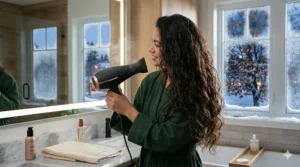 An illustration of fast indoor hair styling during a cold Canadian winter to protect thick hair from freezing temperatures.