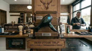 An eco-friendly illustration showcasing the low energy consumption of a modern barber hair dryer, perfect for green salons in Canada.