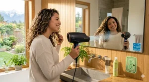 Illustration of an energy-efficient hair dryer with cool shot button designed for modern, eco-conscious Canadian households.