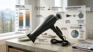 A graphic detailing the wattage and energy efficiency of a high-performance budget hair dryer under $50 CAD.