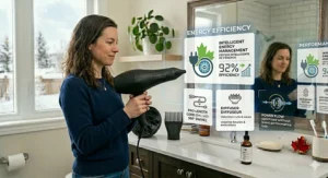 Eco-friendly graphic showing the low energy consumption of a high-performance salon quality hair dryer for home.