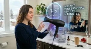 Vector illustration showing a fast morning blowout routine with a high-velocity salon quality hair dryer for home.