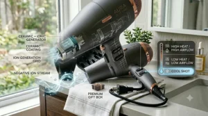 Comparison graphic showing hair shine using ceramic ionic technology.