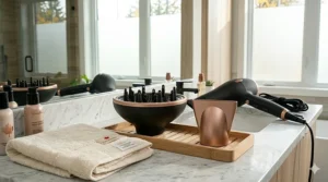 A deep bowl diffuser attachment and a concentrated nozzle accessory designed for styling thick and curly hair.