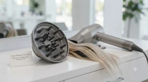 Diffuser attachment on salon hair dryer for hair volume.