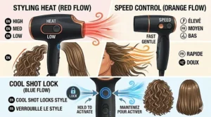 Graphic detailing the speed and temperature controls of a versatile hair dryer with cool shot button for custom styling.