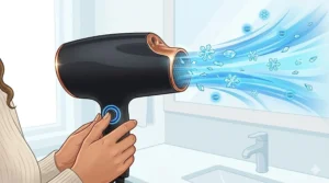 Close-up illustration of an ergonomic hair dryer with cool shot button highlighted in blue for quick style setting.