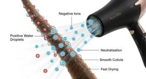 An illustration explaining how an affordable ionic hair dryer emits negative ions to seal the hair cuticle and lock in moisture.