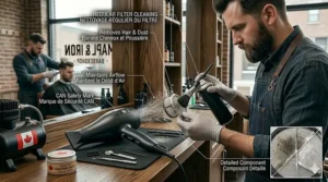 A clear illustration detailing how to safely remove and clean the air filter of a professional barber hair dryer to maintain airflow.