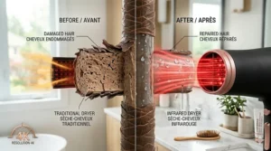A photorealistic 4K illustration, with high detail and natural light, comparing traditional and infrared hair dryers on damaged hair. The split-screen model shows a 'BEFORE' damaged hair cutaway next to an 'AFTER' repaired, moisture-sealed cutaway, with bilingual text labels in English and French and natural light, in a modern bathroom setting.