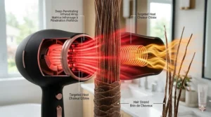 Infographic explaining how an infrared hair dryer protects damaged hair by heating strands from within to preserve natural moisture.