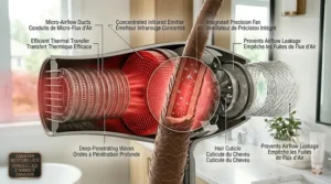 A highly detailed, photorealistic 4K technical illustration, labeled in English and French (bilingual), visualizing the specific internal interaction between the infrared hair dryer's components and a magnified brown hair strand, set in a bright Canadian bathroom with natural light. From the cutaway dryer (integrating the red honeycomb emitter from image_12.png), red 'Deep-Penetrating Waves / Ondes à Pénétration Profonde' focus on the hair strand. The hair cutaway reveals its 'Hair Cuticle / Cuticule du Cheveu' visibly sealing. Tiny water molecules are shown condensing and 'locking' deep within the cortex under the combined action. The interaction condenses and seals the hair, as labeled, for 'Repaired and Sealed Structure / Structure Réparée et Scellée'. Components like micro-airflow ducts from image_12.png are visible. A 'CANADIAN MOISTURE LOCK / VERROUILLAGE D'HUMIDITÉ CANADIEN' badge is visible.