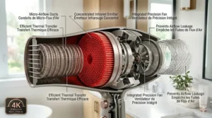 A highly detailed, photorealistic 4K technical illustration of the specific internal architecture of the infrared hair dryer from image_0.png, set in a natural light bathroom. The detailed cutaway reveals the complete mechanism, integrating the unique 'Deep-Penetrating' red honeycomb emitter from image_4.png with expanding detailed components like a precision fan assembly, multiple micro-airflow ducts, and a final 'Outlet Seal' to visualize efficiency and sealing. Clear bilingual text labels (EN/FR) precisely point to all mechanisms, including 'Concentrated Infrared Emitter / Émetteur Infrarouge Concentré', 'Integrated Precision Fan / Ventilateur de Précision Intégré', and 'prevents airflow leakage / empêche les fuites de flux d'air'. A '4K RESOLUTION / RÉSOLUTION 4K' badge is visible.