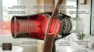 A highly detailed, photorealistic 4K technical macro illustration, labeled in English and French (bilingual), visualizing the specific internal interaction between the infrared hair dryer's detailed components (from image_12.png) and a magnified brown hair strand cutaway, set in a bright Canadian bathroom with natural light. The illustration shows a cross-section of the hair structure. Deep-Penetrating Waves from the cutaway dryer (integrating the red honeycomb emitter and coil from image_12.png) are shown flooding and 'condensing' tiny water molecules within the cortex, while the 'Hair Cuticle / Cuticule du Cheveu' visibly seals under the focused warmth and light. The combined action condenses and seals the hair, as labeled. Components like the precision fan assembly from image_12.png are visible in context. A 'CANADIAN MOISTURE LOCK / VERROUILLAGE D'HUMIDITÉ CANADIEN' badge is visible.