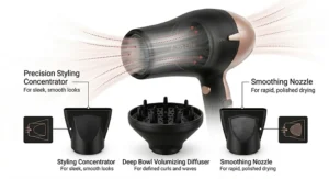 Graphic drawing of an affordable ionic hair dryer with its included diffuser and concentrator nozzle attachments for versatile styling.