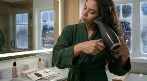 Illustration highlighting an ergonomic, lightweight blow dryer design that reduces arm fatigue when drying thick hair.