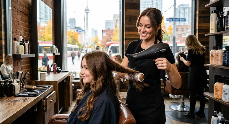 Alt text for image 1: A stylist using a lightweight professional blow dryer on a client in a modern Toronto salon, showcasing smooth, frizz-free hair.