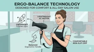 An ergonomic, lightweight professional hair dryer being held comfortably by a hairstylist during a busy day at a salon.