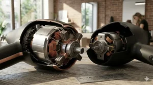 A detailed technical comparison showing the complex internal components of a professional long-life AC motor next to a standard consumer DC motor on a wooden salon bench with bilingual labeling.