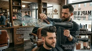 An instructional illustration demonstrating how a barber uses a hair dryer with a nozzle attachment to style a classic pompadour fade.