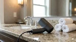 A high-detail photorealistic illustration of a dark matte-grey mini hair dryer for travel resting on a wooden desk, with a large window in the background showing a clear view of the Toronto skyline and CN Tower.