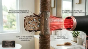 A highly detailed 4K photorealistic illustration, in a bright Canadian bathroom, showing a hair strand cutaway with deep-penetrating red infrared waves locking in internal moisture. Labels in English and French point to 'CANADIAN MOISTURE LOCK / VERROUILLAGE D'HUMIDITÉ CANADIEN' and 'INFRARED SEALING TECHNOLOGY' while a softly blurred wooden brush sits in the background.