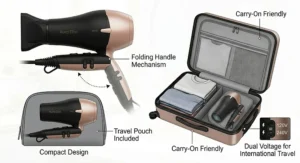 Vector illustration of a compact, affordable ionic hair dryer packed in a suitcase for travel across Canada.
