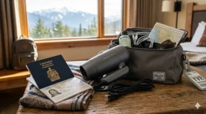 A compact, folding budget hair dryer under $50 CAD packed neatly into a travel bag next to a Canadian passport.