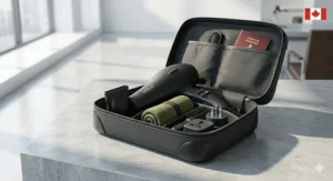 Alt text for image 3: Illustration of a compact, lightweight professional blow dryer packed neatly inside a travel bag next to a Canadian passport.