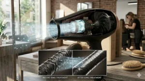 A professional hair dryer with its included diffuser and concentrator nozzle attachments for versatile styling.