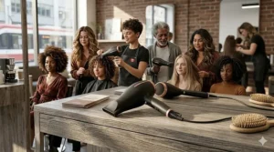 Diverse stylists and clients showcasing various natural hair types and textures in a modern Canadian salon while using a professional hair dryer.