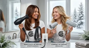 Flat-lay illustration of premium hair dryer packaging with English and French bilingual text, comparing professional and regular models for Canadian consumers.