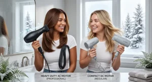 An illustration comparing the fast drying time of a professional hair dryer versus a regular dryer for a busy morning routine in Canada.