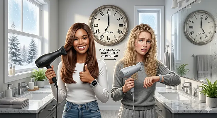 Illustration demonstrating the anti-frizz results of a professional hair dryer compared to the heat damage caused by a regular dryer on a winter day in Canada. professional hair dryer vs regular