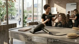 A realistic 4K view of a stylist using a professional hair dryer in a brightly lit salon, featuring an engraved metal plaque highlighting silent operation at 72 dB.