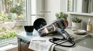 Ergonomic design features of the ceramic ionic hair dryer.