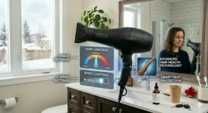 Illustration of the adjustable temperature controls on a salon quality hair dryer for home to protect hair health.