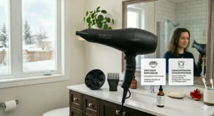 Diagram illustrating salon quality hair dryer for home attachments including a diffuser and styling concentrator nozzle.