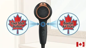 Bilingual illustration of a Canadian market hair dryer with cool shot button, also labeled as a sèche-cheveux avec bouton air frais.