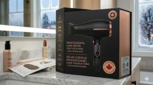 Canadian market retail concept for a premium hair dryer for thick hair, featuring English and French bilingual packaging.