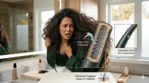 Diagram illustrating how moisture gets trapped in dense, thick hair types, highlighting the need for a specialized blow dryer.