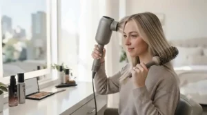 Woman styling fine hair using a professional hair dryer.