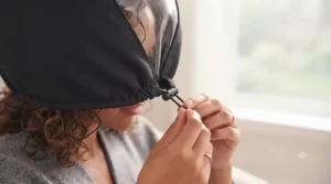 Adjustable drawstring on the hooded dryer attachment for a secure, custom fit.